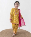 Girl Floral Jaal Suit Set - Yellow